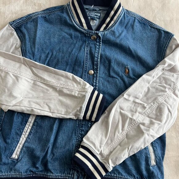 Ralph Lauren Denim Bomber Jacket With Flag And Logo Design - Picture 3 of 5